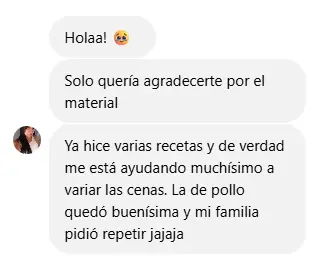 Mensaje de una clienta agradeciendo por el recetario