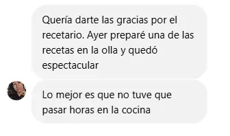 Mensaje de una clienta agradeciendo por el recetario